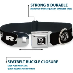 Ram Shield Logo Full Color Black/White Seatbelt Buckle Collar - RAM Shield Logo/Bold Text Black/White