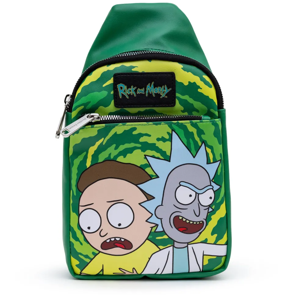 Rick and Morty Bag, Sling, Rick and Morty Get Schwifty Portal Pose Greens, Bounding, Vegan Leather