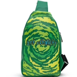 Rick and Morty Bag, Sling, Rick and Morty Get Schwifty Portal Pose Greens, Bounding, Vegan Leather