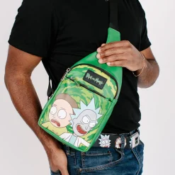 Rick and Morty Bag, Sling, Rick and Morty Get Schwifty Portal Pose Greens, Bounding, Vegan Leather