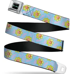RICK AND MORTY Text Logo Full Color Black/Blue Seatbelt Belt - Rick & Morty Morty Face Flowers Scattered Doodle Blue/Lavender Webbing
