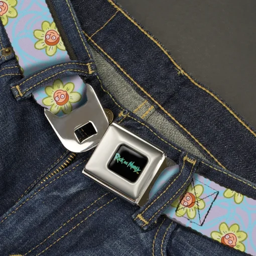 RICK AND MORTY Text Logo Full Color Black/Blue Seatbelt Belt - Rick & Morty Morty Face Flowers Scattered Doodle Blue/Lavender Webbing