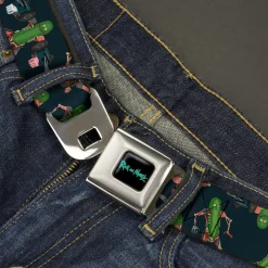 RICK AND MORTY Text Logo Full Color Black/Blue Seatbelt Belt - Rick and Morty Pickle Rick Rat Suit Poses Scattered Black Webbing