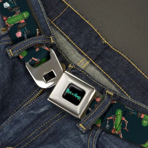 RICK AND MORTY Text Logo Full Color Black/Blue Seatbelt Belt - Rick and Morty Pickle Rick Rat Suit Poses Scattered Black Webbing