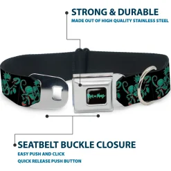 RICK AND MORTY Text Logo Full Color Black/Blue Seatbelt Buckle Collar - Rick and Morty Psychedelic Monster Pose Black/Greens