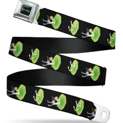 RICK AND MORTY Text Logo Full Color Black/Blue Seatbelt Belt - Rick and Morty Middle Finger Portal Jump Poses Black Webbing