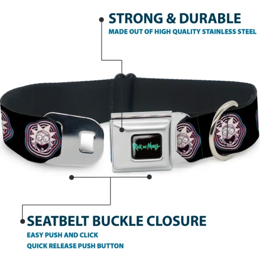 RICK AND MORTY Text Logo Full Color Black/Blue Seatbelt Buckle Collar - Rick and Morty Rick Vaporwave Bullseye Black/Blue/Red/White