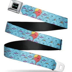 RICK AND MORTY Text Logo Full Color Black/Blue Seatbelt Belt - Rick and Morty Kirkland Meeseeks and Meeseeks Expressions Blue/Red Webbing