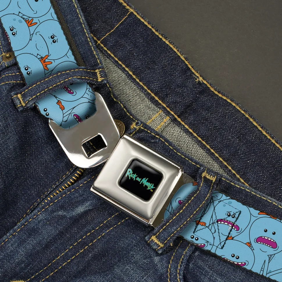 RICK AND MORTY Text Logo Full Color Black/Blue Seatbelt Belt - Rick and Morty Kirkland Meeseeks and Meeseeks Expressions Blue/Red Webbing