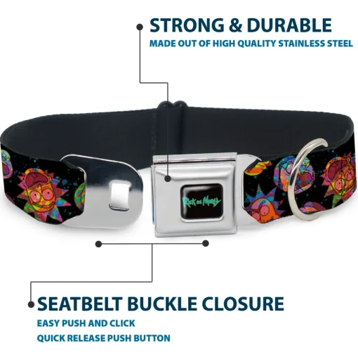 RICK AND MORTY Text Logo Full Color Black/Blue Seatbelt Buckle Collar - Rick and Morty Vaporwave Expressions Scattered Black/Multi Color