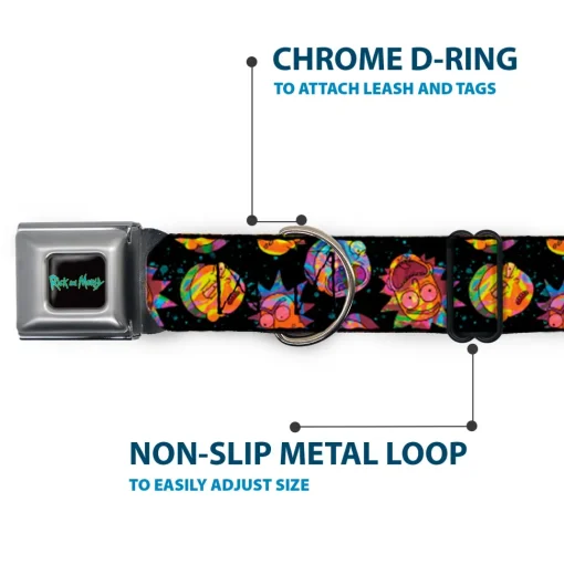 RICK AND MORTY Text Logo Full Color Black/Blue Seatbelt Buckle Collar - Rick and Morty Vaporwave Expressions Scattered Black/Multi Color