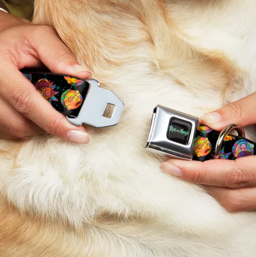 RICK AND MORTY Text Logo Full Color Black/Blue Seatbelt Buckle Collar - Rick and Morty Vaporwave Expressions Scattered Black/Multi Color