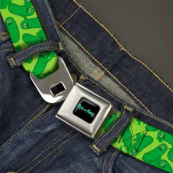 RICK AND MORTY Text Logo Full Color Black/Blue Seatbelt Belt - Rick and Morty Pickle Rick Scattered Greens Webbing
