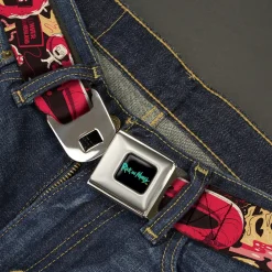 RICK AND MORTY Text Logo Full Color Black/Blue Seatbelt Belt - Rick and Morty Anatomy Park Collage Reds/Black Webbing