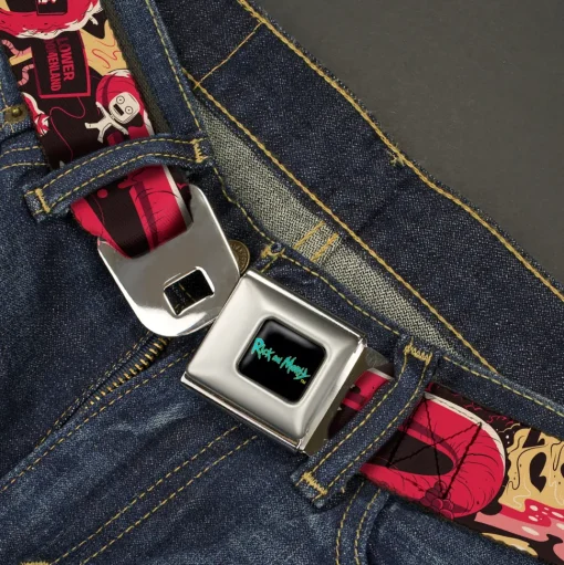 RICK AND MORTY Text Logo Full Color Black/Blue Seatbelt Belt - Rick and Morty Anatomy Park Collage Reds/Black Webbing