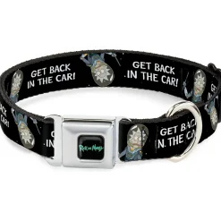 RICK AND MORTY Text Logo Full Color Black/Blue Seatbelt Buckle Collar - Rick and Morty Rick GET BACK IN THE CAR Pose Black/White