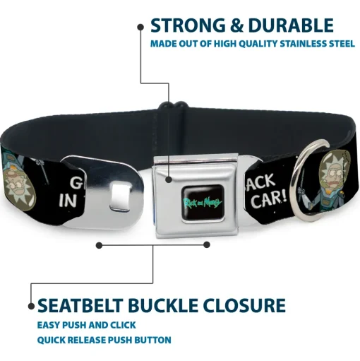 RICK AND MORTY Text Logo Full Color Black/Blue Seatbelt Buckle Collar - Rick and Morty Rick GET BACK IN THE CAR Pose Black/White