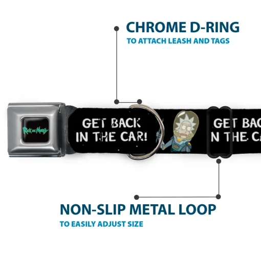RICK AND MORTY Text Logo Full Color Black/Blue Seatbelt Buckle Collar - Rick and Morty Rick GET BACK IN THE CAR Pose Black/White
