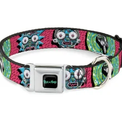 RICK AND MORTY Text Logo Full Color Black/Blue Seatbelt Buckle Collar - Rick and Morty Circuit Faces/Portal Gun Pink