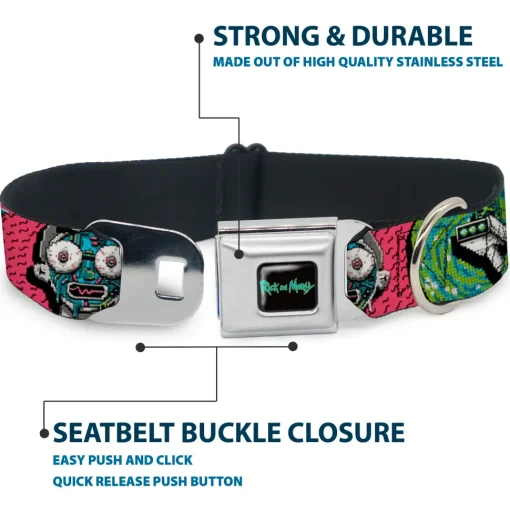 RICK AND MORTY Text Logo Full Color Black/Blue Seatbelt Buckle Collar - Rick and Morty Circuit Faces/Portal Gun Pink