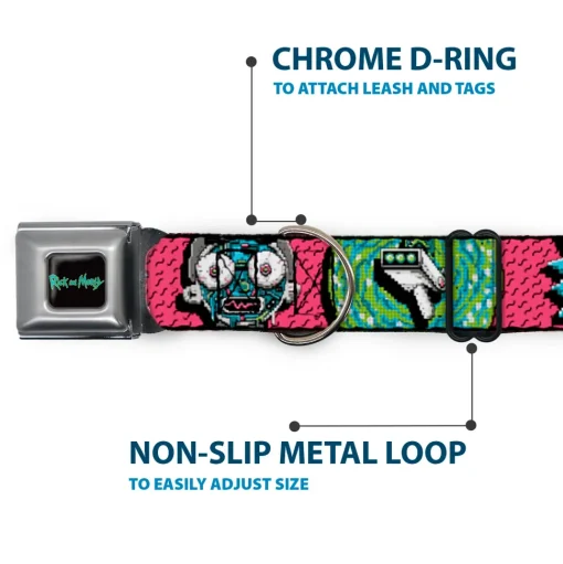 RICK AND MORTY Text Logo Full Color Black/Blue Seatbelt Buckle Collar - Rick and Morty Circuit Faces/Portal Gun Pink