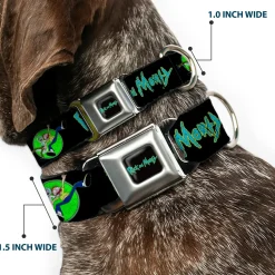 RICK AND MORTY Text Logo Full Color Black/Blue Seatbelt Buckle Collar - RICK AND MORTY Title Logo and Portal Pose Black