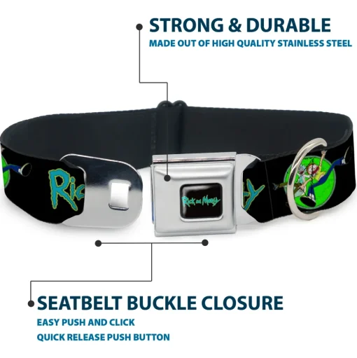 RICK AND MORTY Text Logo Full Color Black/Blue Seatbelt Buckle Collar - RICK AND MORTY Title Logo and Portal Pose Black
