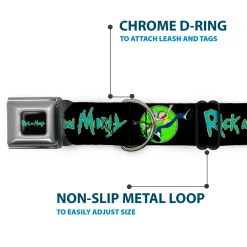 RICK AND MORTY Text Logo Full Color Black/Blue Seatbelt Buckle Collar - RICK AND MORTY Title Logo and Portal Pose Black