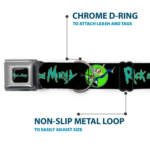 RICK AND MORTY Text Logo Full Color Black/Blue Seatbelt Buckle Collar - RICK AND MORTY Title Logo and Portal Pose Black