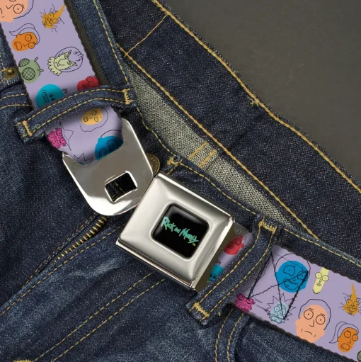 RICK AND MORTY Text Logo Full Color Black/Blue Seatbelt Belt - Rick and Morty Colorful Faces Collage Lavender Webbing