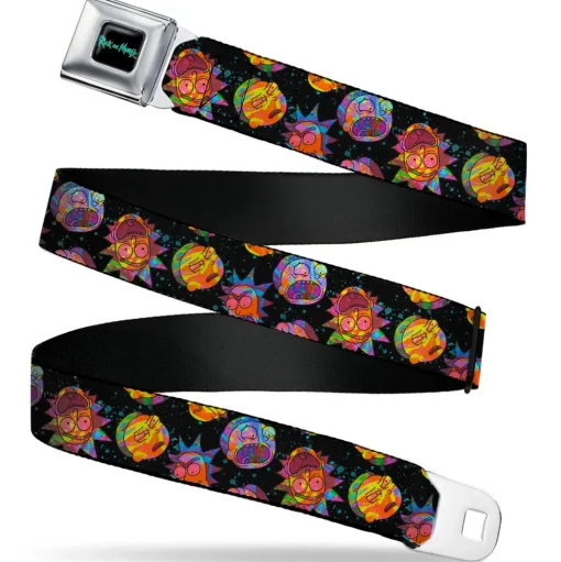 RICK AND MORTY Text Logo Full Color Black/Blue Seatbelt Belt - Rick and Morty Vaporwave Expressions Scattered Black/Multi Color Webbing