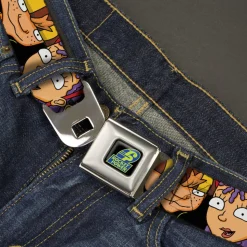 ROCKET POWER RP Logo Full Color Black/Green/Blue Seatbelt Belt - ROCKET POWER RP Logo/4-Character Faces CLOSE-UP Black/Green/Blue Webbing