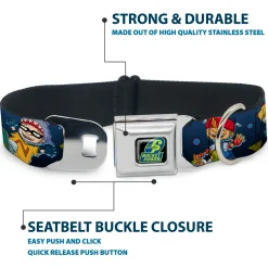 ROCKET POWER RP Logo Full Color Black/Green/Blue Seatbelt Buckle Collar - Rocket Power 4-Character Action Poses/Shapes Cool Gray/Multi Color