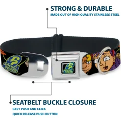 ROCKET POWER RP Logo Full Color Black/Green/Blue Seatbelt Buckle Collar - ROCKET POWER RP Logo/4-Character Faces CLOSE-UP Black/Green/Blue