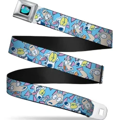 ROCKO'S MODERN LIFE Logo Full Color Black/Blues Seatbelt Belt - Rocko & Spunky Scattered Expressions/Triangles Blue/Lavender Webbing