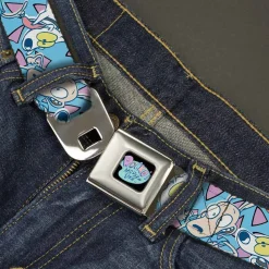 ROCKO'S MODERN LIFE Logo Full Color Black/Blues Seatbelt Belt - Rocko & Spunky Scattered Expressions/Triangles Blue/Lavender Webbing