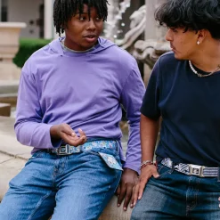 ROCKO'S MODERN LIFE Logo Full Color Black/Blues Seatbelt Belt - Rocko & Spunky Scattered Expressions/Triangles Blue/Lavender Webbing