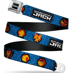 SAMURAI JACK Title Logo Full Color Black/White Seatbelt Belt - SAMURAI JACK Title Logo and Icons with Swirl Blues Webbing