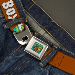 Scooby & Shaggy BAKED Full Color Turquoise Green Seatbelt Belt - Mystery Machine HOT BOXED Clouds Orange/White Webbing