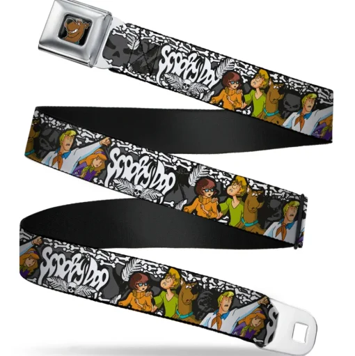 Scooby Doo Face Full Color Black Seatbelt Belt - SCOOBY DOO Group Pose/Bones Webbing