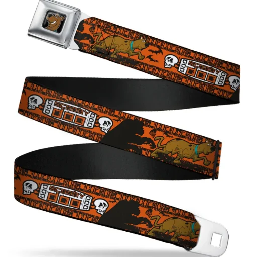 Scooby Doo Face Full Color Black Seatbelt Belt - SCOOBY DOO Running Chase Orange/Black/White Webbing