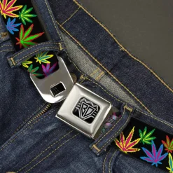 Seatbelt Belt - Multi Marijuana Leaves Black/Multi Color