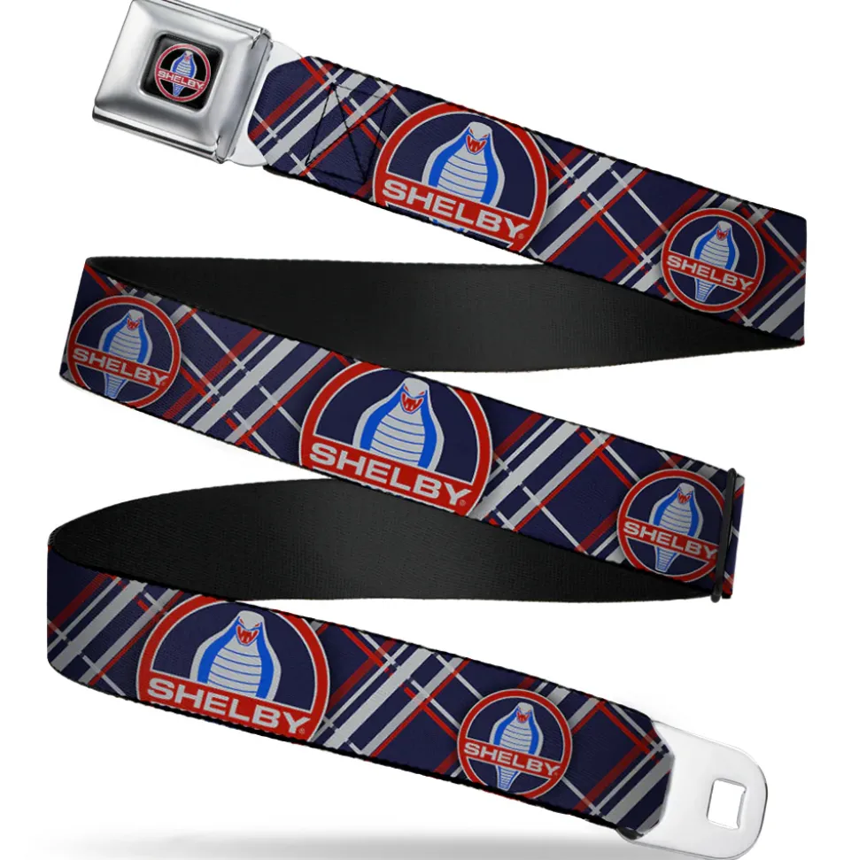 SHELBY Cobra Full Color Black Gray Red Blue Seatbelt Belt - SHELBY Cobra/Plaid X Navy/Gray/Red Webbing