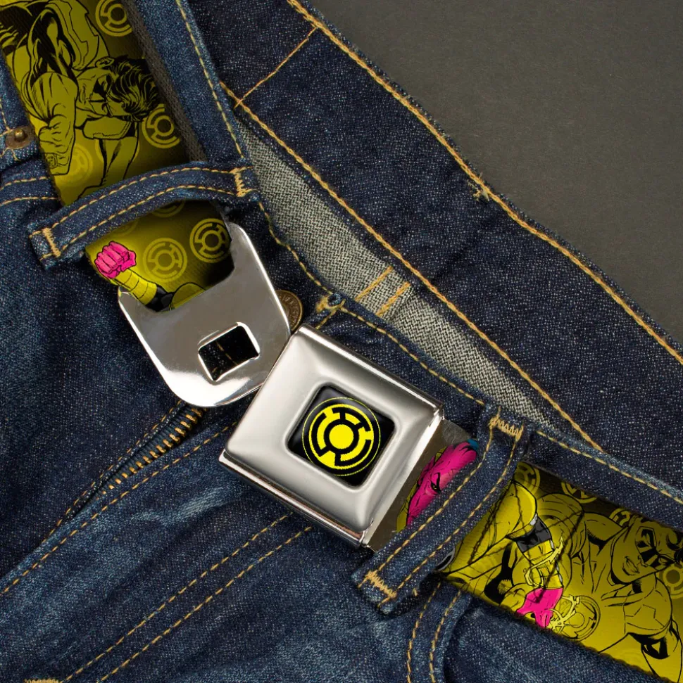 Sinestro Corps Logo Full Color Black/Yellow Seatbelt Belt - Sinsestro Poses & Logo/Green Lantern Poses Black-Yellow Fade Webbing