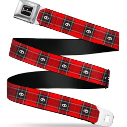 SKELANIMALS Title Logo Full Color Black/White/Red Seatbelt Belt - Skelanimals Face Logo Plaid Red/Black/White Webbing