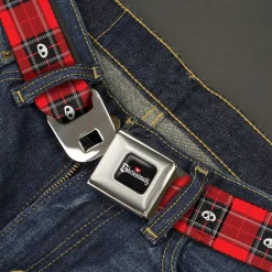 SKELANIMALS Title Logo Full Color Black/White/Red Seatbelt Belt - Skelanimals Face Logo Plaid Red/Black/White Webbing