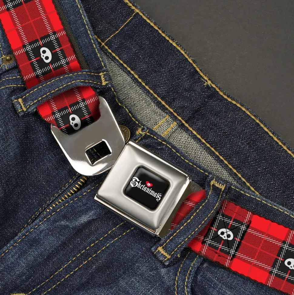 SKELANIMALS Title Logo Full Color Black/White/Red Seatbelt Belt - Skelanimals Face Logo Plaid Red/Black/White Webbing
