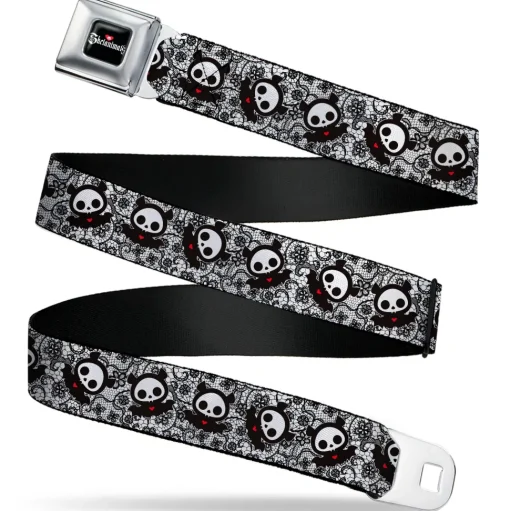 SKELANIMALS Title Logo Full Color Black/White/Red Seatbelt Belt - Skelanimals Diego the Bat Pose Lace Print White/Black Webbing