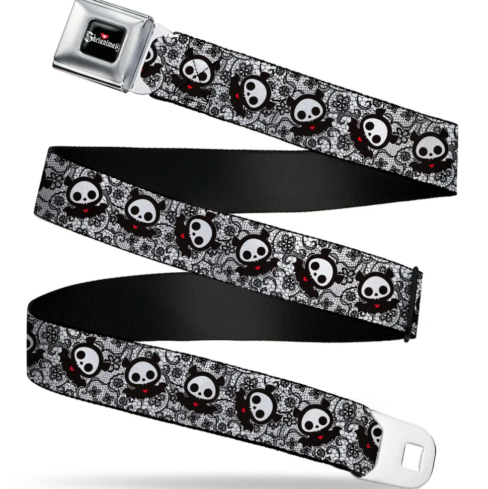 SKELANIMALS Title Logo Full Color Black/White/Red Seatbelt Belt - Skelanimals Diego the Bat Pose Lace Print White/Black Webbing