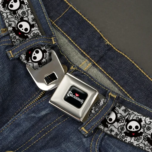 SKELANIMALS Title Logo Full Color Black/White/Red Seatbelt Belt - Skelanimals Diego the Bat Pose Lace Print White/Black Webbing